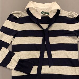 Woman’s Striped Long Sleeve Preppy T Shirt Sewn In Collar W/Tie Puff Shoulder